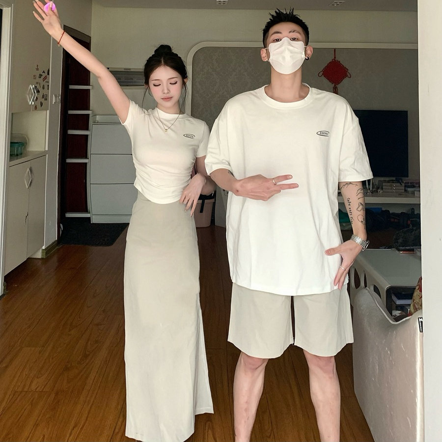 情侣装夏季正肩压褶美式短袖修身气质辣妹开衩工装裙套装一衣一裙