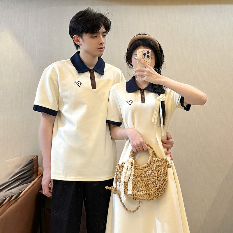 小众设计感情侣装夏2025韩版polo领短袖T恤女法式连衣裙一裙一衣