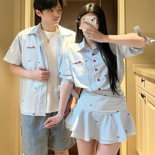 学院风条纹刺绣蝴蝶结衬衫情侣装