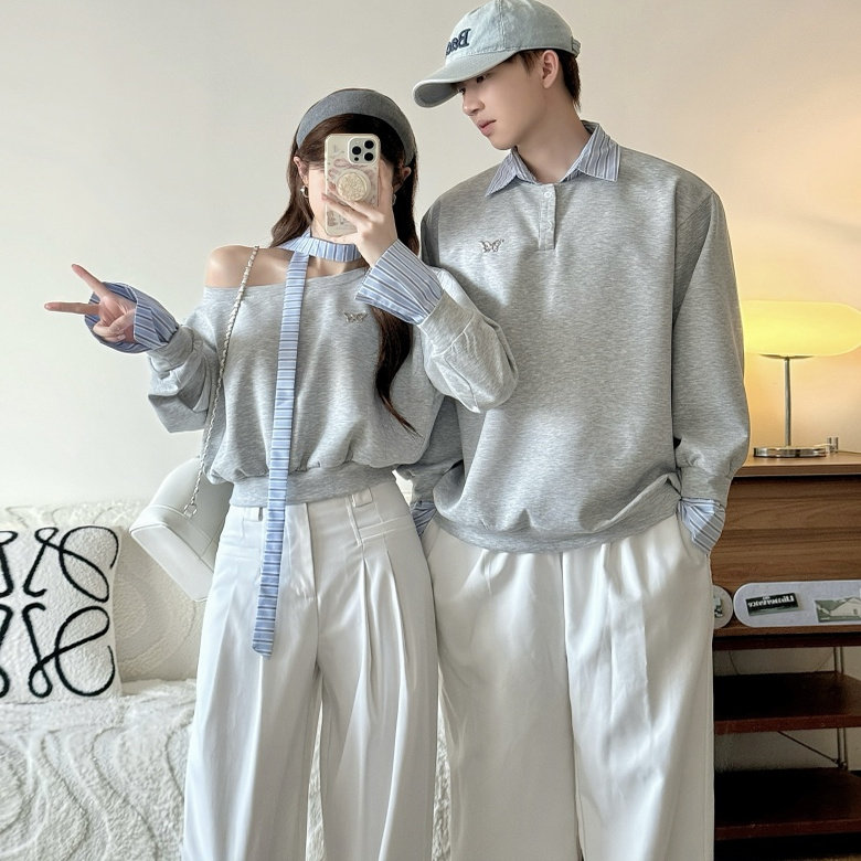 情侣装秋款韩系假两件露肩卫衣潮