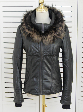 大毛领保暖皮棉服！意大利品牌羊皮中长款衣夹棉墨绿色秋冬季御寒