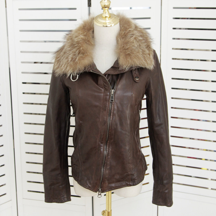 欧洲站意大利品牌Mabrun秋冬季貉子毛领修身羊皮夹棉服女新款机车