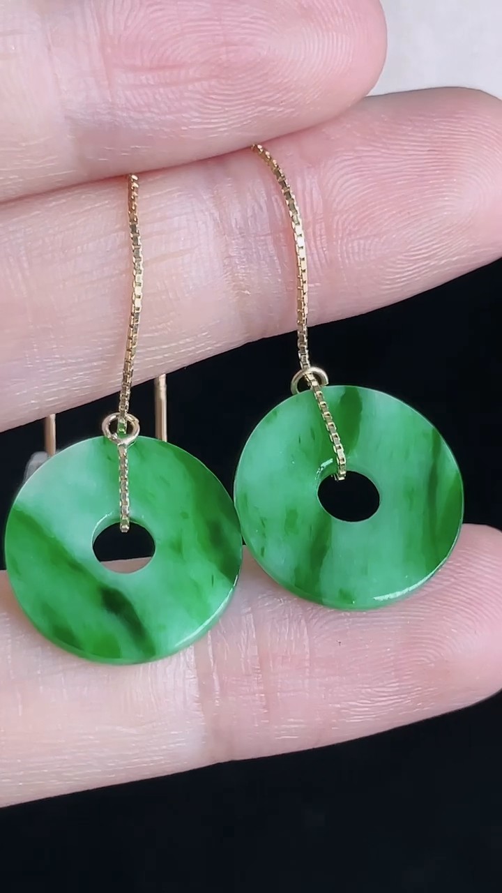 飘花翡翠平安扣耳环 冰飘绿甜甜圈平安环玉扣耳坠 缅甸玉扣子耳饰