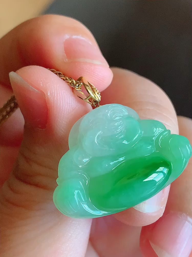飘阳绿翡翠佛公吊坠 18K金镶嵌缅甸玉白底青佛挂件 A货玉佛挂坠