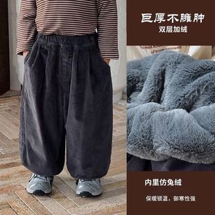 巨厚暖~森系韩版男童女童灯芯绒双层仿兔绒灯笼裤冬装儿童厚裤子