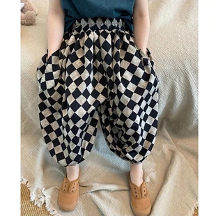 黑白方格裤儿童裤子春秋男童女童宝宝九分裤小童韩版夏装2025新款