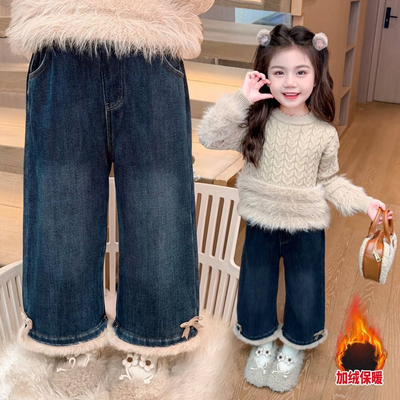 女童加绒牛仔裤秋冬装202
