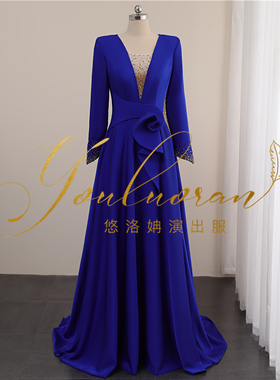 2023年秋季长裙宝蓝色晚礼服v领长袖显瘦仙女裙艺考演出服主持人