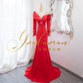 悠洛姌演出服端庄大气正红色文艺汇修身 重工珠钻 鱼尾礼服长裙时尚