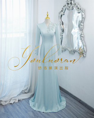悠洛姌礼服浅色系中国鱼尾款深V