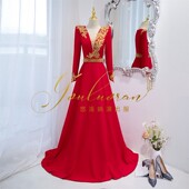 悠洛姌演出服实拍红色A字裙钻饰长裙礼服主持人声乐舞台演奏表演