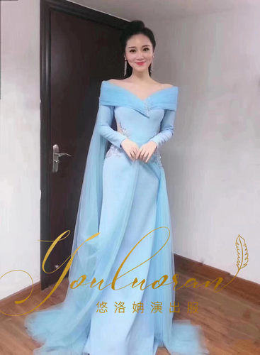 新款蓝色长袖美声独唱礼服考试