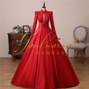 实拍红色音乐会礼服蓬蓬裙旗袍领艺考美声礼服裙舞台民歌独唱礼服