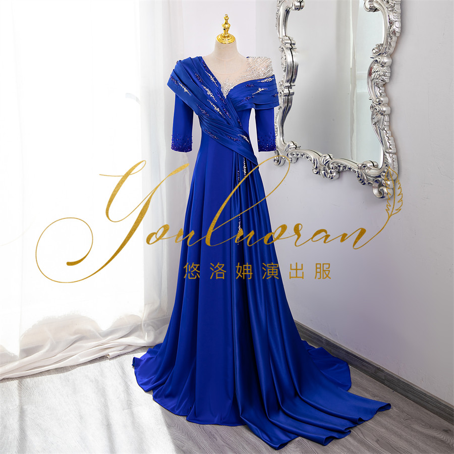 悠洛姌演出服新款宝蓝色重工显瘦礼服舞台演出独唱优雅文艺汇演出