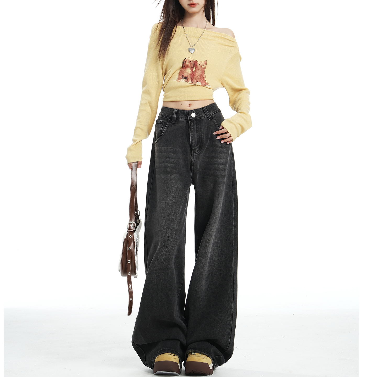 美式黑色阔腿牛仔裤女宽松拖地裤