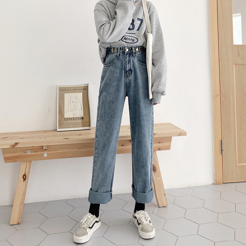 秋冬季牛仔裤女2021年新款高腰显瘦直筒宽松秋款小个子垂感阔腿裤