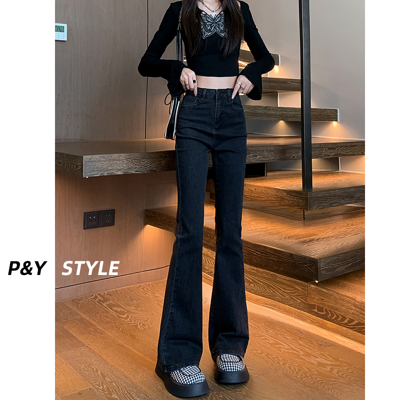 佩艳微喇叭拖地裤黑灰色高腰修身