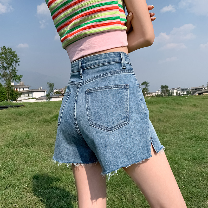 高腰开叉牛仔短裤女2023新款夏季宽松显瘦a字小个子薄款超短热裤