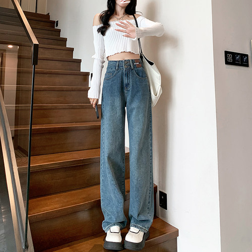 佩艳阔腿裤牛仔裤女长裤复古高腰