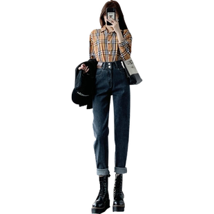 高腰哈伦牛仔裤女小个子春秋款2025年新款宽松显瘦爆款萝卜老爹裤