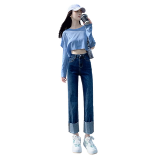 高腰复古卷边直筒牛仔裤女小个子2026年新款夏季款宽松显瘦烟管裤