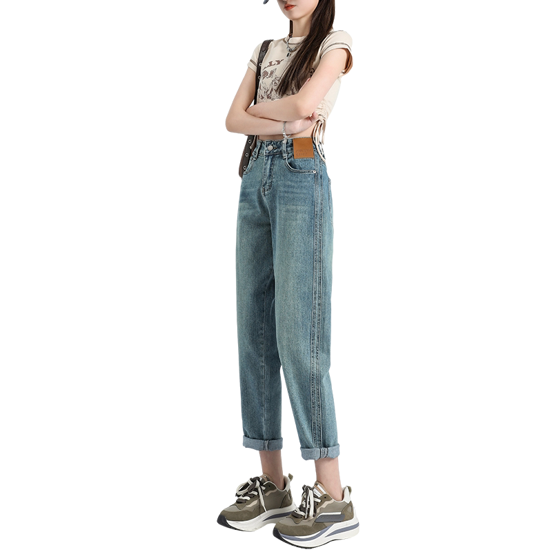 复古高腰哈伦牛仔裤女夏季薄款小个子宽松显瘦大码胖mm九分老爹裤
