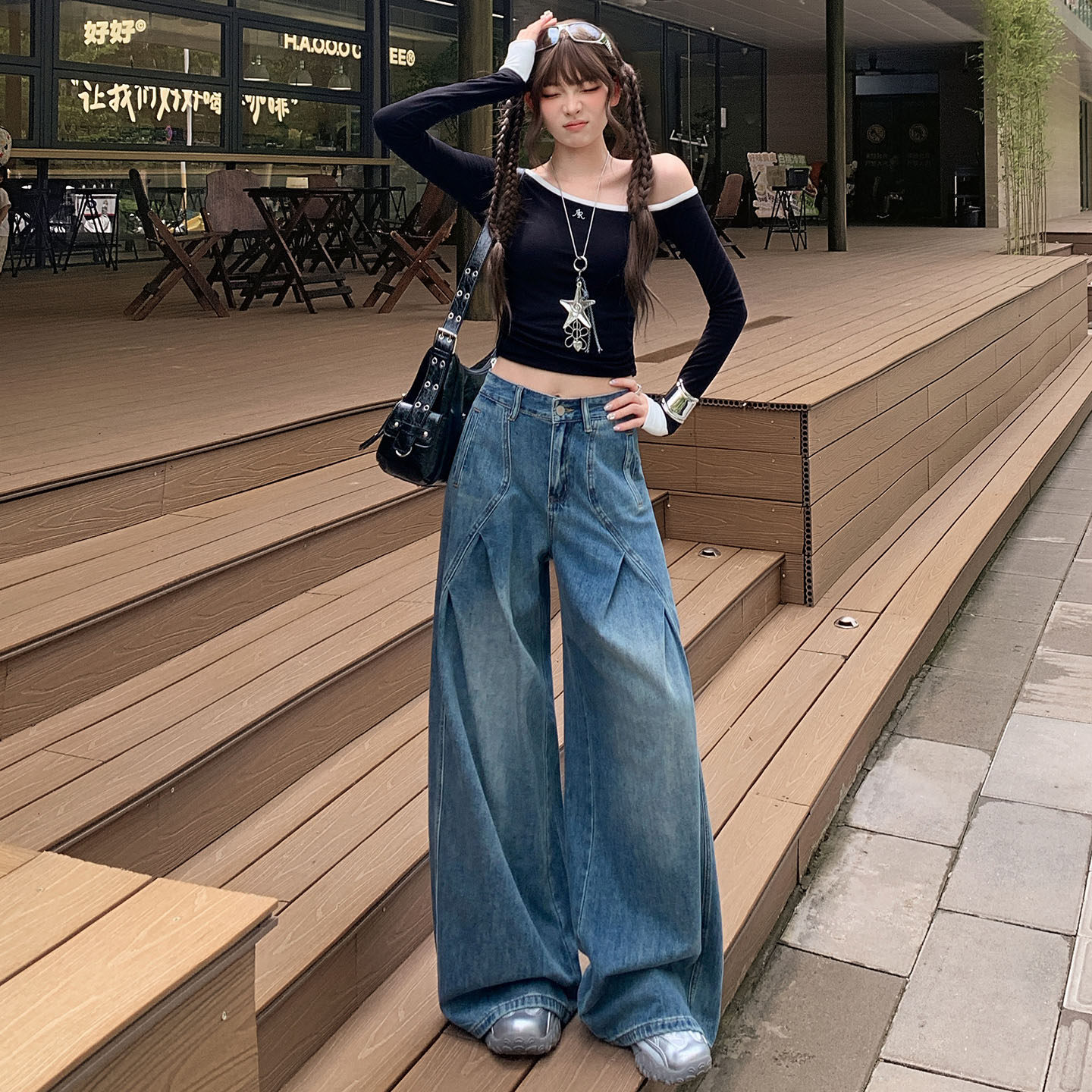 美式复古褶皱阔腿牛仔裤女2025秋季新款高腰宽松显瘦弯刀拖地裤子,女装/女士精品,牛仔裤,淘宝优惠券,粉丝福利购,淘宝优惠卷