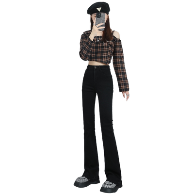 佩艳微喇叭牛仔裤女拖地黑色高腰