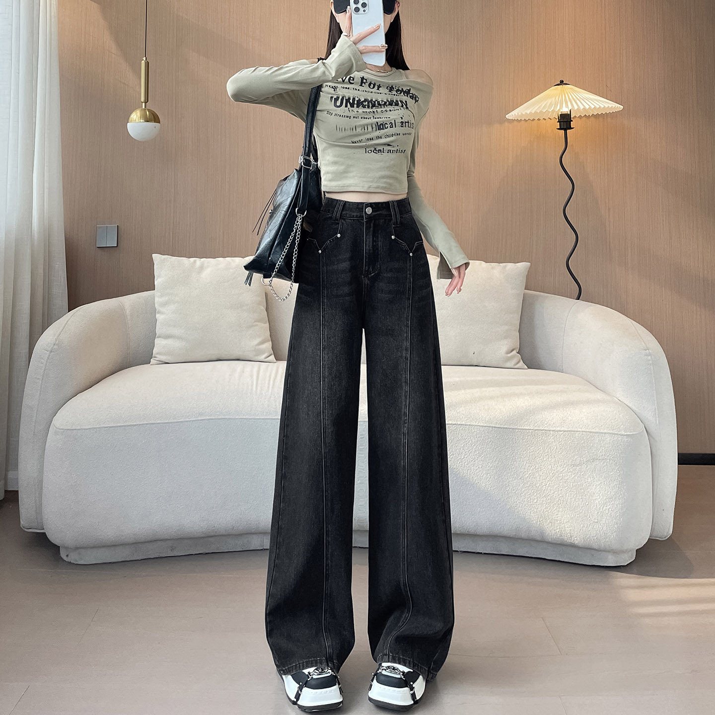 黑色加绒宽松阔腿牛仔裤女2025新款冬季高腰直筒拼接设计感拖地裤,女装/女士精品,牛仔裤,淘宝优惠券,粉丝福利购,淘宝优惠卷