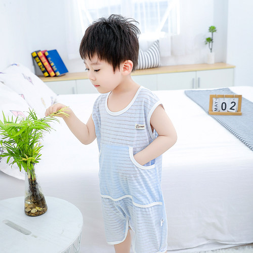 男女宝宝夏季薄款纯棉吸汗透气舒适背心护肚款裆部拉链款分腿睡衣