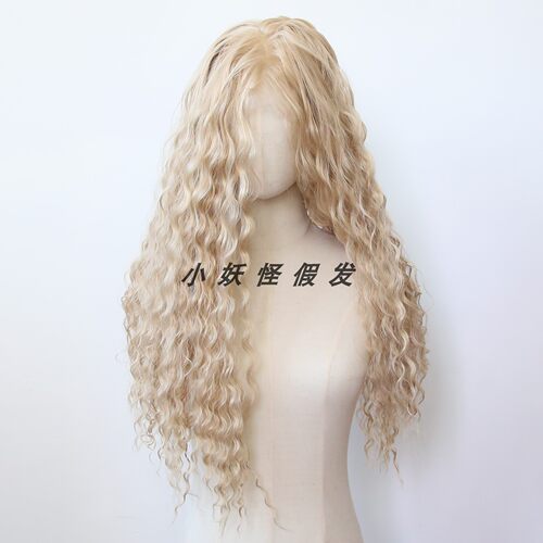 棕金色前蕾丝化纤高温丝蕾丝假发套奶金色波浪羊毛长卷发整顶假发