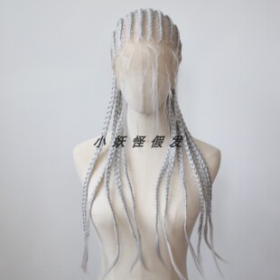 银白色地垄沟脏辫全蕾丝化纤高温丝银色长三股手编粗脏辫整顶假发