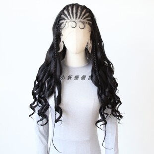 黑色玉米辫深波浪卷超大蕾丝地垄沟脏辫高温丝波西米亚风整顶假发
