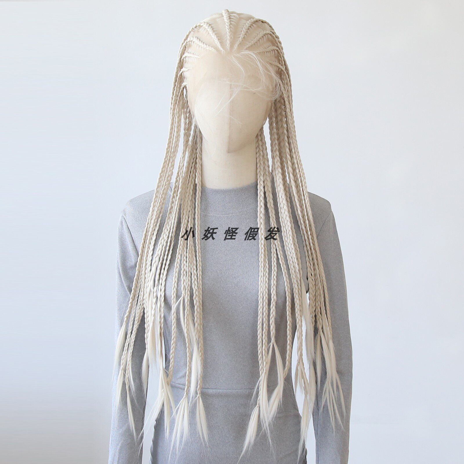 米白色脏辫假发全蕾丝化纤全头非洲辫长发整顶假发套 Braided Wig