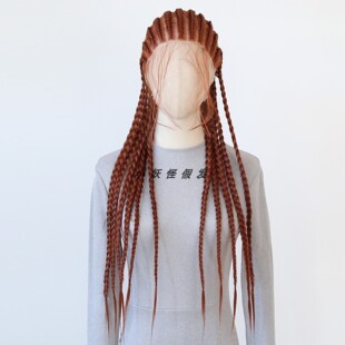 红棕色地垄沟脏辫全蕾丝化纤长三股粗脏辫整顶假发套 Braided Wig