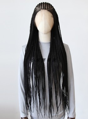 黑色全头蕾丝玉米辫脏辫高温丝假发套full lace box braided Wig