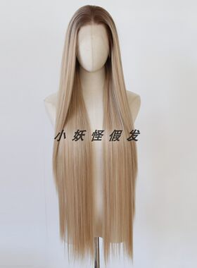 1米长深棕渐变蜂蜜棕前蕾丝全头假发COS超长直发高温丝整顶假发套