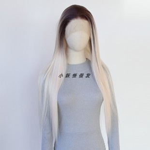 烟熏渐变奶茶白金前蕾丝化纤全头假发冷调烟灰欧美风整顶假发套