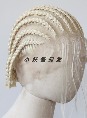 金色超短地垄沟粗脏辫全蕾丝金黄色手编高温丝三股脏辫整顶假发套