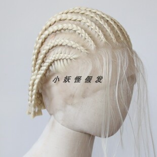 金色超短地垄沟粗脏辫全蕾丝金黄色手编高温丝三股脏辫整顶假发套