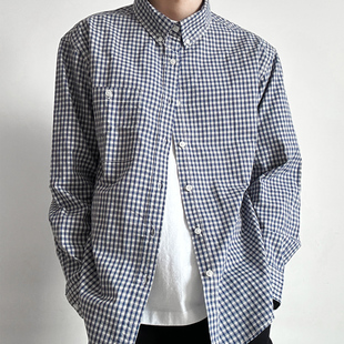 Oua日系复古蓝格子衬衫男女通勤休闲宽松百搭翻领长袖miu系内搭