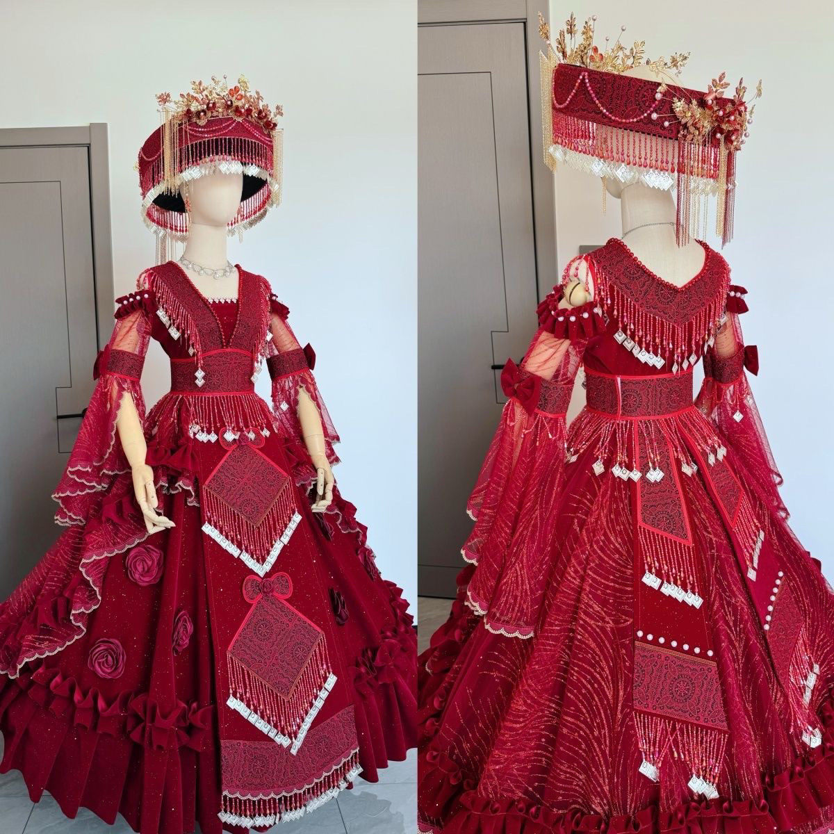 苗族红色重工刺绣女演出服套装