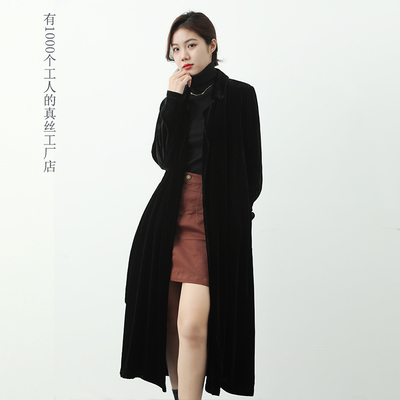 2024秋冬新款高级感黑色气质优雅修身大衣复古真丝丝绒风衣外套女