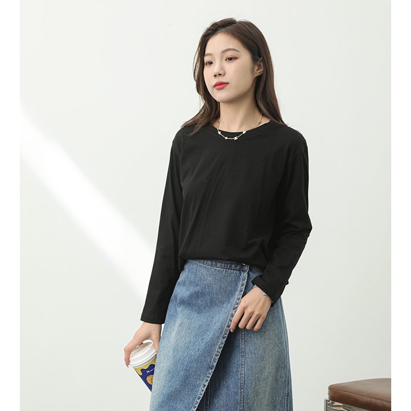 「真丝工厂店」100%纯棉长袖刺绣白色T恤上衣女软丝滑休闲宽松白t