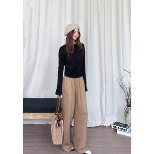 舒适感天丝羊毛翻边空气裤女轻盈亲肤高腰遮胯长裤松弛感百搭质感