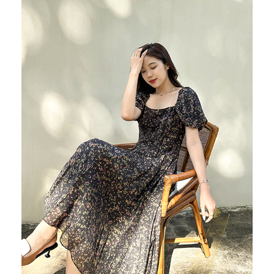 「真丝工厂店」莱赛尔天丝印花泡泡袖连衣裙2024新款女装气质长裙