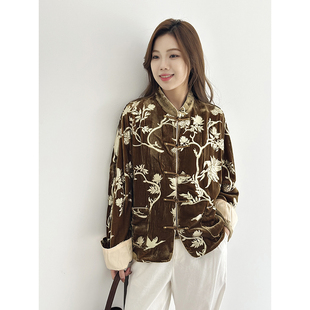 中式丝绒烫金外套精致烫金纹样点缀尽显东方韵味和高级感通勤百搭