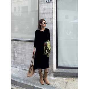 真丝绒七分袖连衣裙