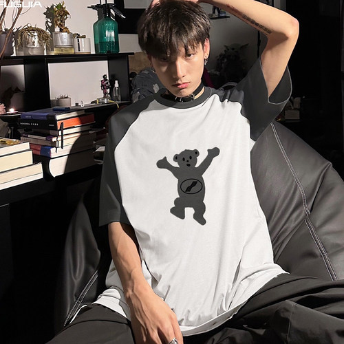 bshy well插肩短袖小熊字母印花夏季宽松男女百搭纯棉拼接撞色t恤