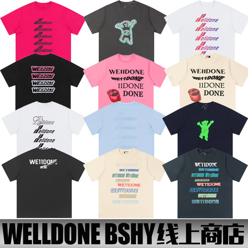 潮牌welldone bshy短袖男女夏季韩珍珠弹幕纯棉情侣夏季宽松t恤